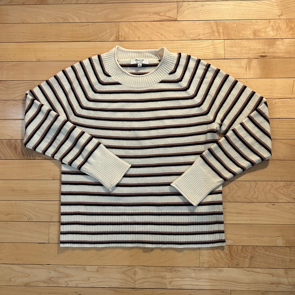 Madewell Cream and Black Striped Crew Neck Sweater